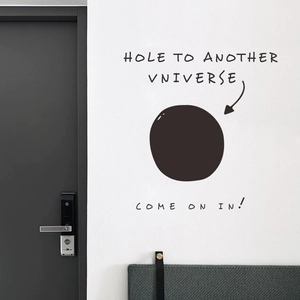 Creative black hole wall sticker with Hole to Another Universe text for modern home decor