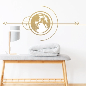 Minimalist golden moon wall decal with geometric rings and arrows for home decor