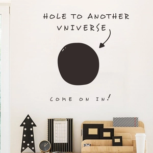 Black hole wall decal with HOLE TO ANOTHER UNIVERSE text and minimalist arrow design