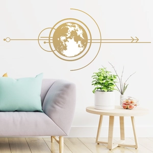 Minimalist gold planet wall sticker with geometric lines for modern living room decor