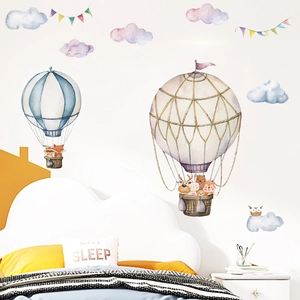 Stickers muraux aquarelle d'animaux en montgolfière avec des nuages pour enfants
