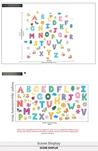 Detail view of colorful alphabet wall stickers with animal motifs and layout dimensions