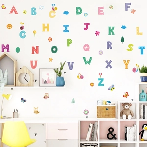 Alphabet wall decals for kids room with 26 colorful letters and cartoon animals