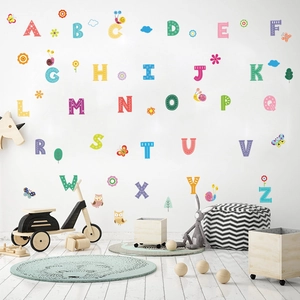 Colorful ABC wall stickers for kids nursery featuring 26 animal and flower patterns