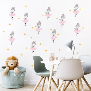 Cartoon ballerina wall stickers with pink ballet girls and stars for kids' bedroom decoration