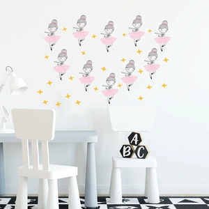 Cartoon ballerina wall decals with pink stars for children room bedroom decoration