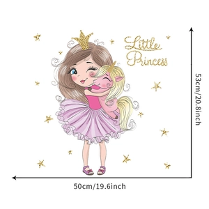 Detail view of Little Princess and unicorn wall decal with dimensions 50cm by 53cm