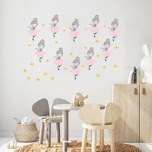 Cartoon ballerina girl wall stickers with gold stars for nursery and kids room decor