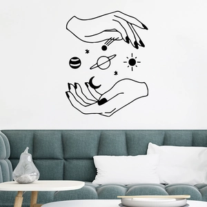 Black minimalist hands and cosmic elements wall sticker for bedroom decor