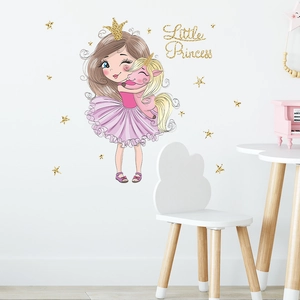 Cartoon Girl Unicorn PVC Wall Sticker Nursery Pink Princess Theme Removable Self Adhesive Decal For Kids Bedroom Decor