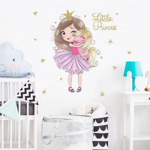 Cartoon wall sticker with little princess hugging pink unicorn for kids bedroom decoration