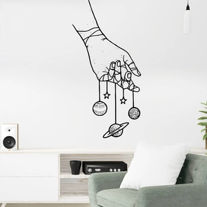 Modern Minimalist PVC Hand Holding Planet Wall Sticker Surrealist Line Art Black Wall Decal For Living Room Bedroom Mural