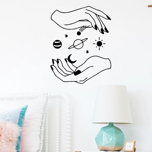 Minimalist black wall decal with universe and hands line art for bedroom wall decor