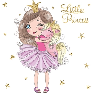 Nursery wall sticker with princess hugging pink unicorn and gold glitter stars