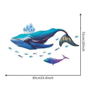 Detail showing dimensions of blue whale wall sticker with 85cm width and 51cm height