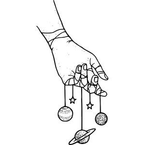 Minimalist black and white artistic wall sticker showing hand holding celestial universe