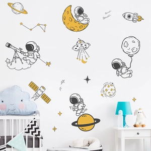 Cartoon astronaut and space planet wall stickers for kids bedroom nursery wall decoration