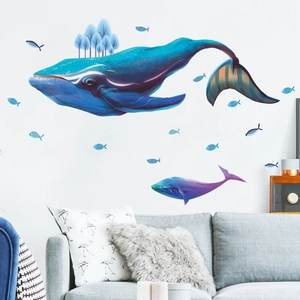 Dreamy blue whale wall decal set with artistic trees for living room decor
