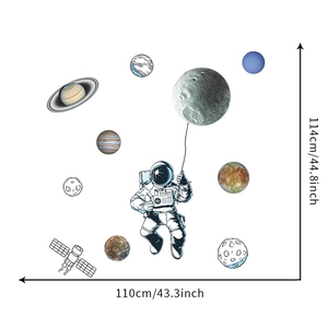 Detailed view showing dimensions of astronaut and planets wall stickers for bedroom decor