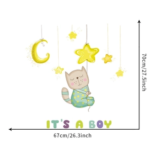 Cartoon cat with stars and moon wall sticker dimensions 67x70cm featuring It's A Boy text