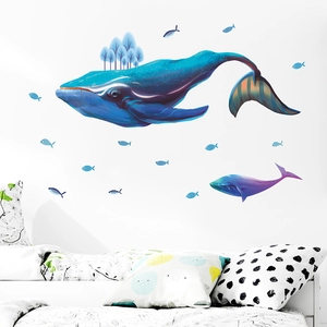Dreamy blue humpback whale wall sticker with glowing forest for bedroom wall decor