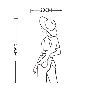 Detailed size chart of elegant lady back wall sticker measuring 23cm by 56cm