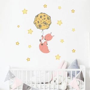 Cartoon fox holding moon balloon wall stickers for nursery and bedroom decoration