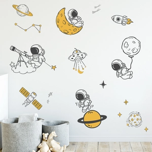 Cartoon astronaut and space telescope wall decals for kids bedroom decor in yellow and black