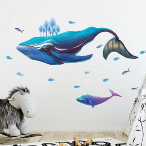 Artistic blue humpback whale wall stickers with trees for dream ocean bedroom decor