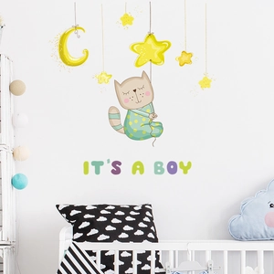 Cartoon sleeping cat wall decal with moon and stars for baby boy bedroom decoration