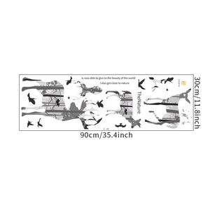 Forest deer wall decal detail showing dimensions and monochromatic tree patterns