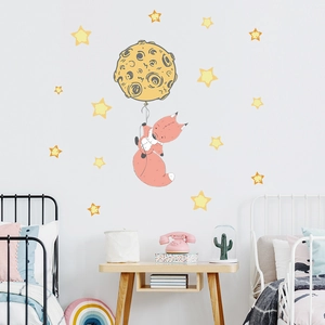 Cartoon fox moon balloon wall sticker for kids bedroom decor with stars