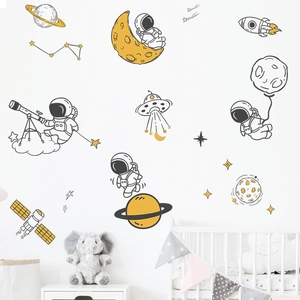 Cute space themed astronaut and planets wall decals set for kids room wall decoration