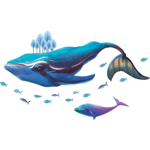 Dreamy blue humpback whale wall decals with forest trees and fish for bedroom decor