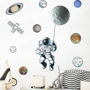 Astronaut and solar system wall stickers for kids bedroom space theme decoration