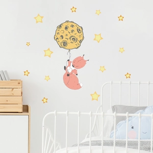 Cartoon fox with moon balloon and stars wall sticker for children's bedroom decor