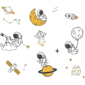 Cartoon astronaut and space planet wall stickers for kids room decor in black and yellow