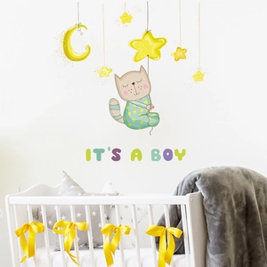 Cartoon sleeping cat wall decal with stars and moon for baby boy nursery room decoration