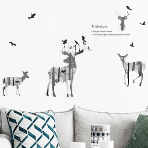 Artistic black and white forest deer wall stickers for modern living room decor