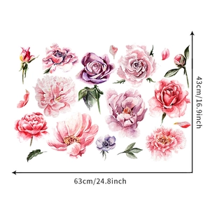Detailed sheet dimensions of watercolor floral wall stickers showing 63x43cm layout size