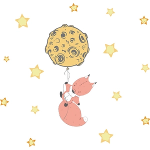 Cartoon fox with moon balloon and stars wall sticker for kids bedroom decoration
