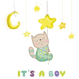 Cartoon kitten hanging on star wall sticker for boys room decoration with It's a Boy text