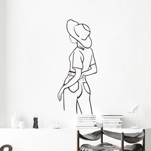 Minimalist black line art wall sticker of a woman in a hat for modern home decor
