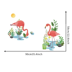 Detailed dimensions of pink flamingo wall stickers with green tropical plants and cacti