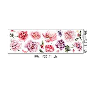 Detailed sheet layout of artistic peony flower wall decals measuring 30x90cm