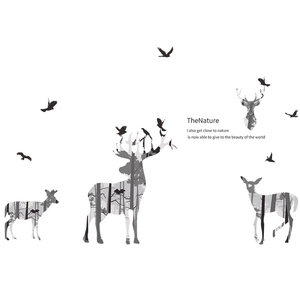 Nature forest silhouette wall stickers with black deer and flying birds for home decor