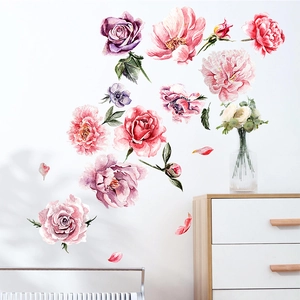 Artistic watercolor peony flower wall stickers set for minimalist bedroom decoration