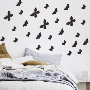 3D black butterfly wall stickers set for bedroom decor, minimalist butterfly wall decals