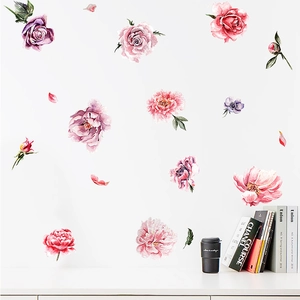 Artistic watercolor peony and floral wall decals for elegant girl's bedroom decoration