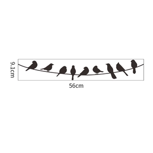 Detailed size chart showing bird silhouettes on wire wall sticker measuring 56x9.1cm